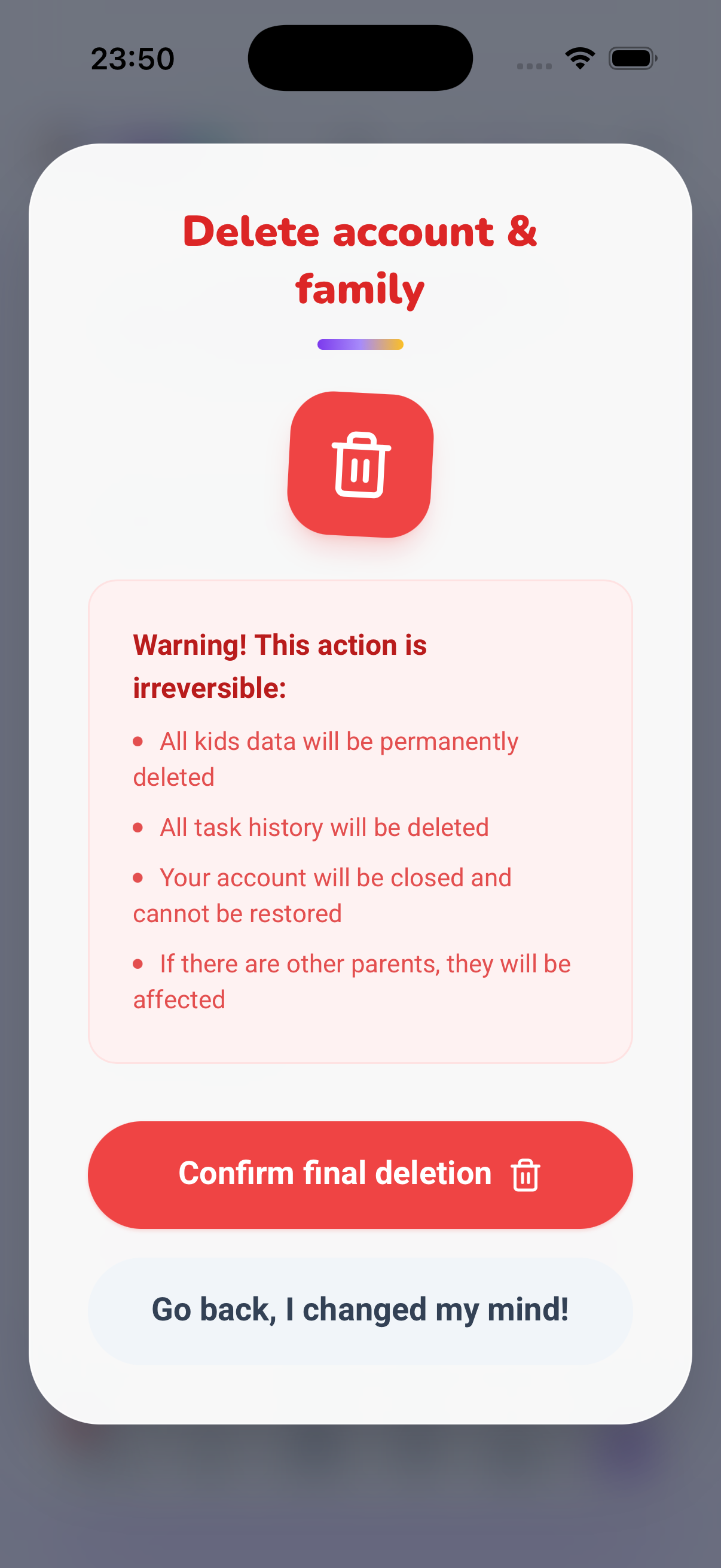 Delete account and family confirmation modal